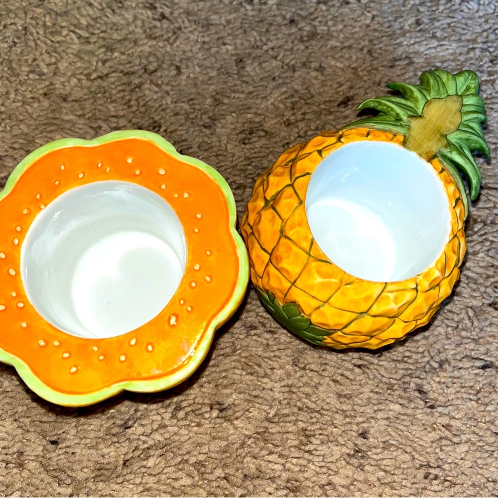 Partylite Votive Candle Holders Lot OF 2 Fruit Ceramic Melon AND Pineapple Fruit